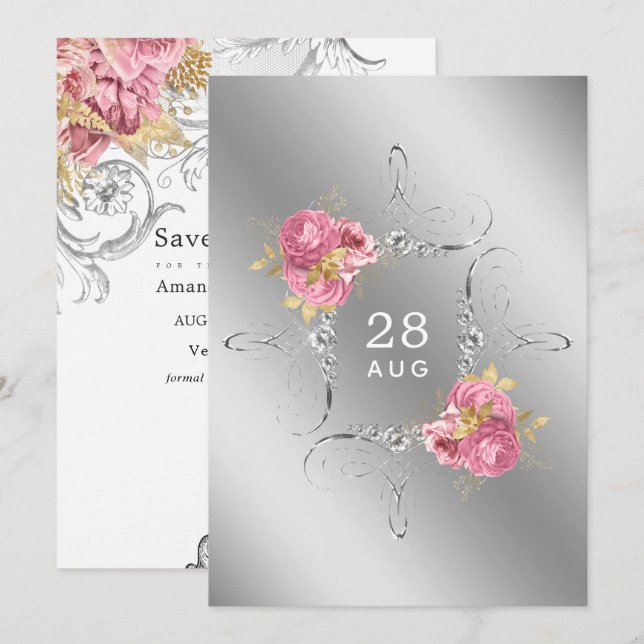 Pink and Gold and Silver Floral Diamond Wedding Save The Date (Front/Back)