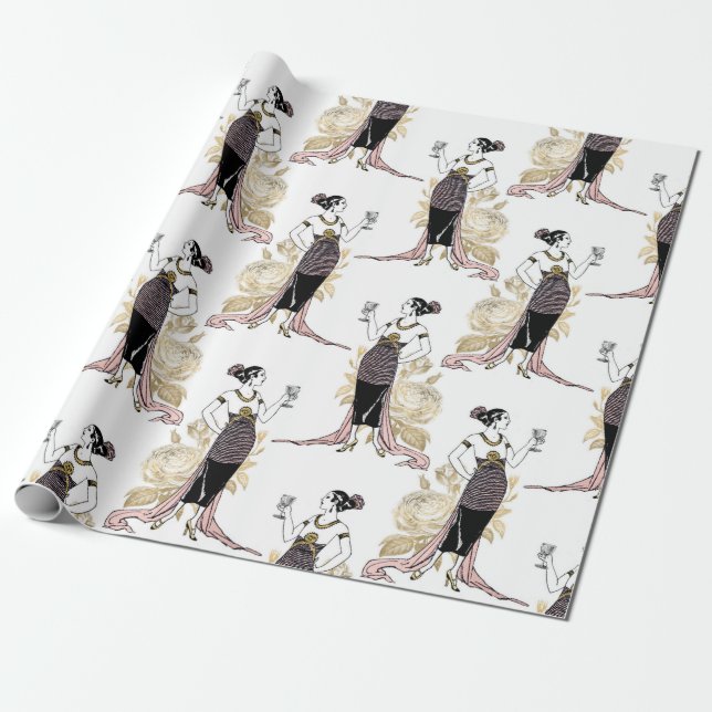 Pink and Gold Art Deco Wine themed Wrapping Paper (Unrolled)