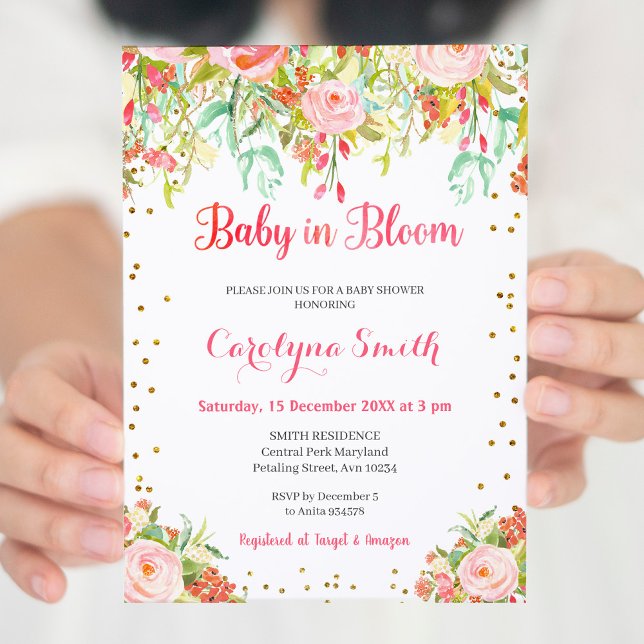 Pink and Gold Baby in Bloom Baby Shower Invitation (Creator Uploaded)