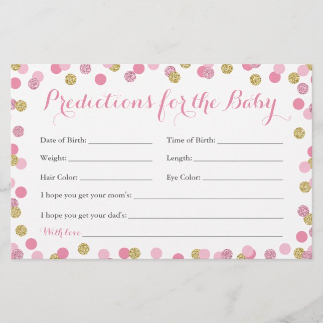 Pink and Gold Baby Predictions Cards for Baby (Front)
