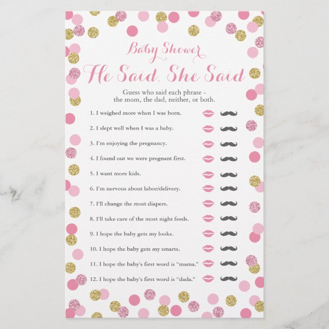 Pink and Gold Baby Shower He Said She Said Game (Front)