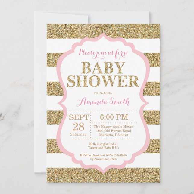 Pink and Gold Baby Shower Invitation Glitter (Front)