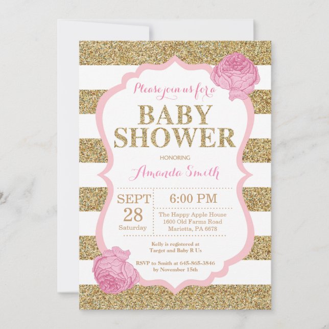 Pink and Gold Baby Shower Invitation Glitter (Front)