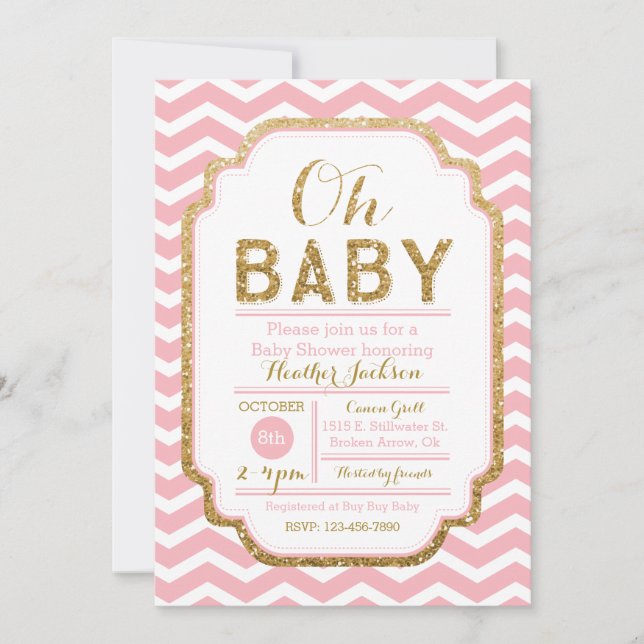 Pink And Gold Baby Shower Invitations, Baby Girl Invitation (Front)