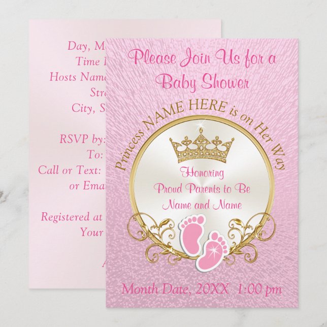 Pink and Gold Baby Shower Invitations, Personalise Invitation (Front/Back)