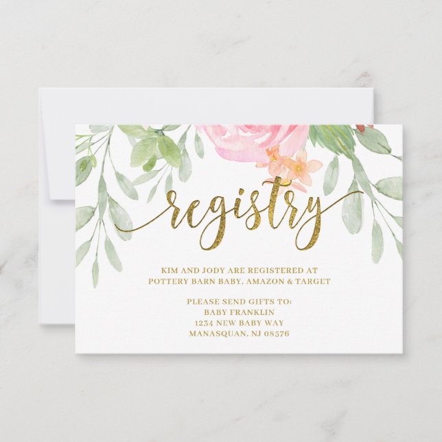 Pink and Gold Baby Shower REGISTRY card (Front)