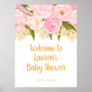 Pink And Gold Baby Shower Welcome Sign, Floral Poster