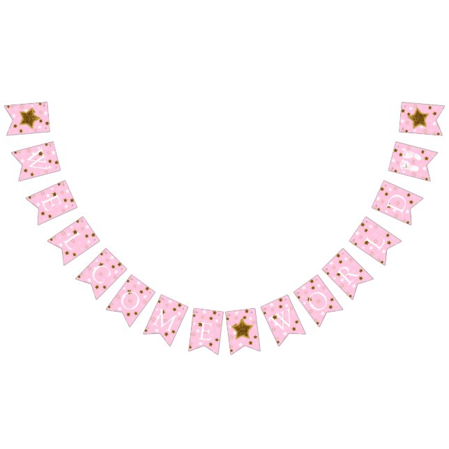 Pink and Gold  Baby Shower Welcome World Footprint Bunting (All)