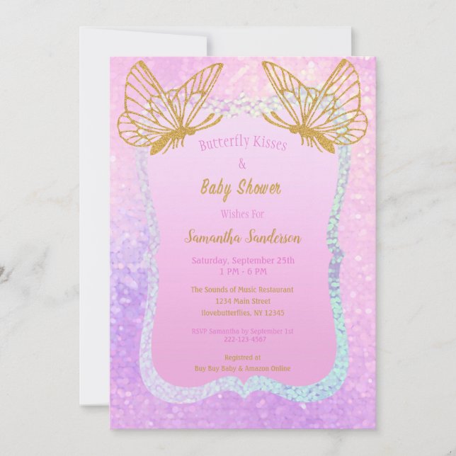 Pink and Gold Baby Shower Whimsical Butterfly Invitation (Front)