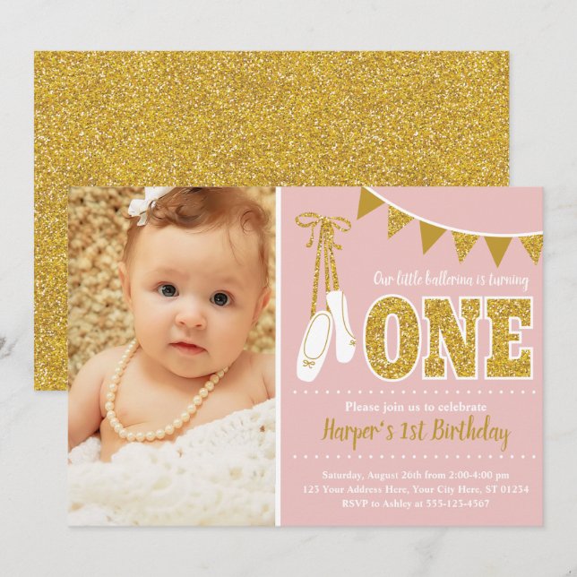 Pink and Gold Ballerina 1st Birthday Invitation (Front/Back)