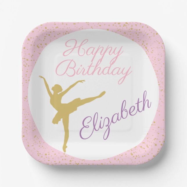 Pink and Gold Ballerina Birthday  Paper Plate (Front)