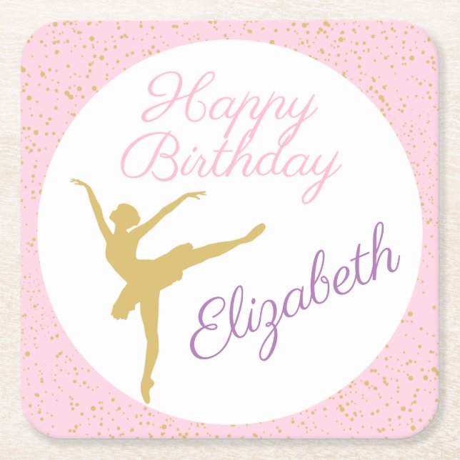 Pink and Gold Ballerina Birthday Square Paper Coaster (Front)