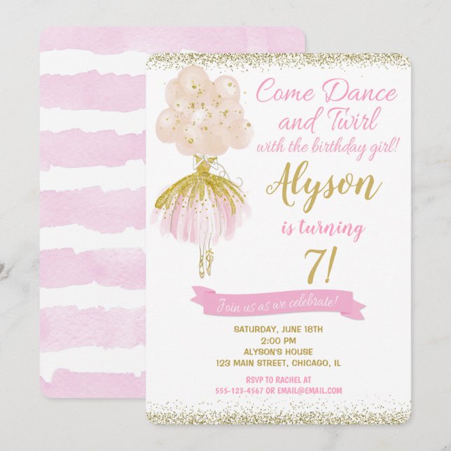 Pink and gold ballerina dancer birthday invitation (Front/Back)
