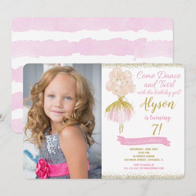 Pink and gold ballerina dancer birthday photo invitation (Front/Back)