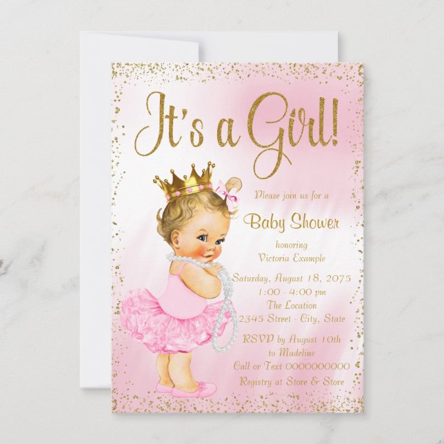 Pink and Gold Ballerina Tutu Pearl Baby Shower Invitation (Front)