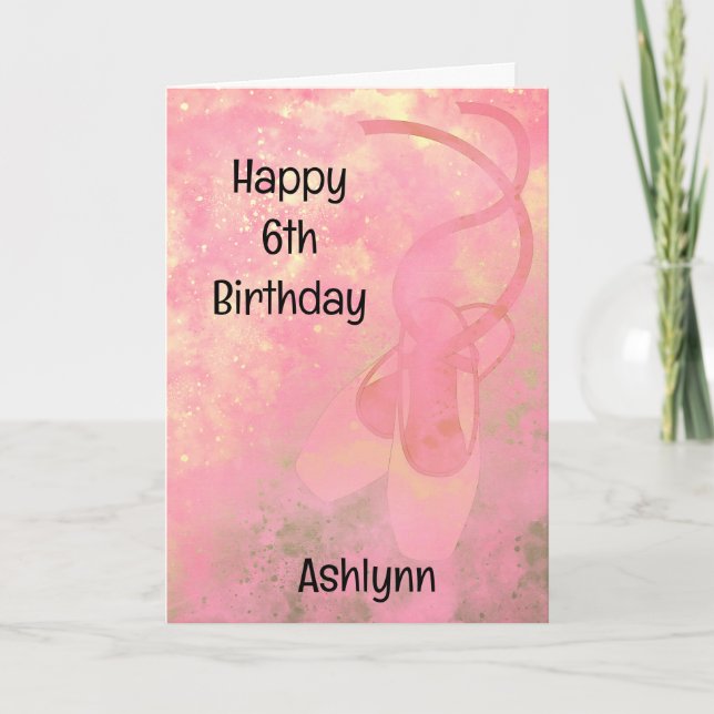 Pink and Gold Ballet 6th Birthday Card (Front)