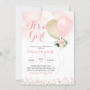 Pink and Gold Balloon Girl Baby Shower Invitation