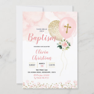 Pink and Gold Balloon Girl Baptism Invitation