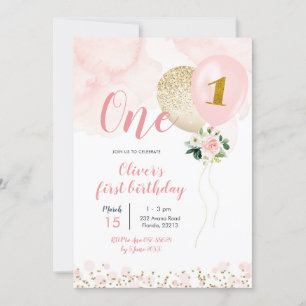 Pink and Gold Balloon Girl First Birthday Invitati Invitation