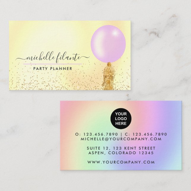 Pink and Gold Balloon Party Planner Business Card (Front/Back)
