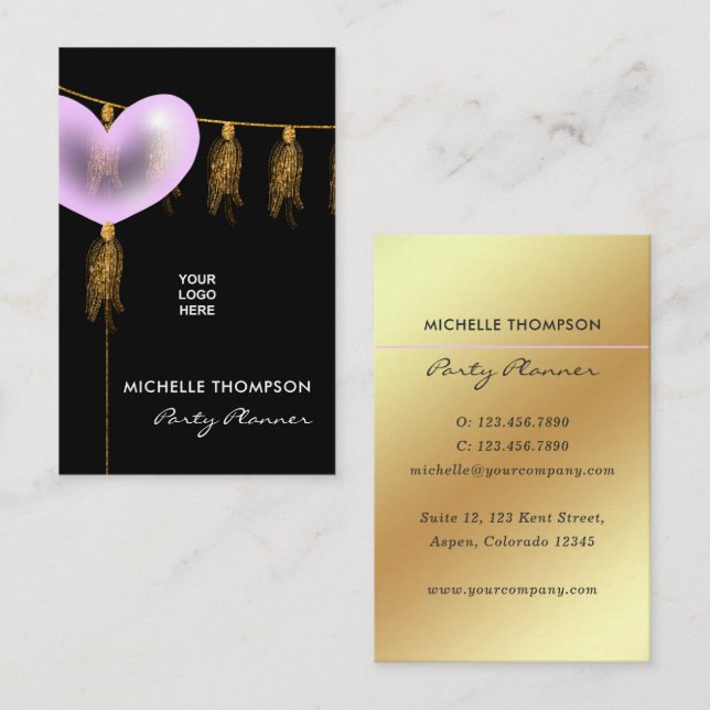 Pink and Gold Balloon Party Planner Business Card (Front/Back)