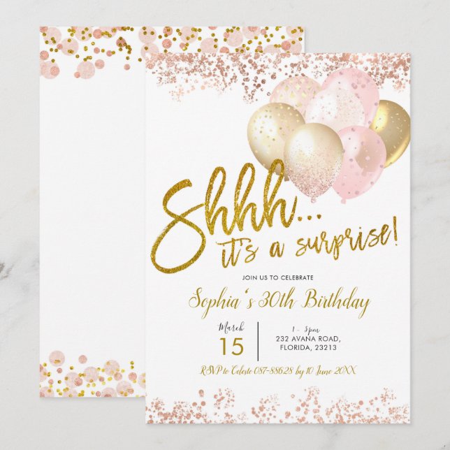 Pink and Gold Balloon Surprise Birthday Party Invitation (Front/Back)