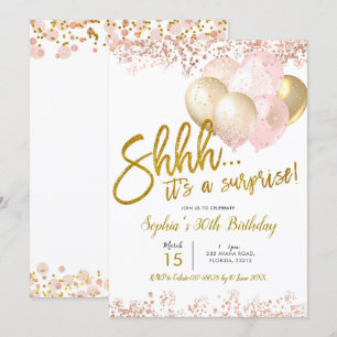 Pink and Gold Balloon Surprise Birthday Party Invitation
