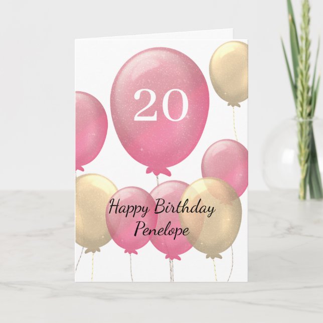 Pink and Gold Balloons 20th Birthday Card (Front)