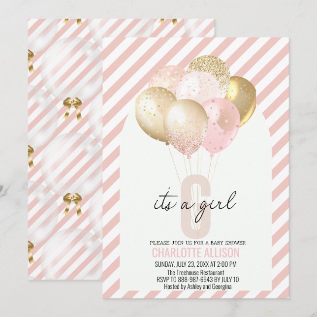 Pink and Gold Balloons Baby Shower  Invitation (Front/Back)