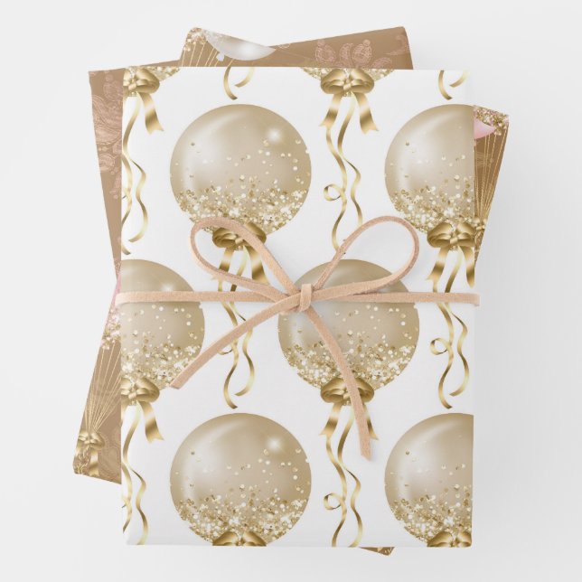 Pink and Gold Balloons Pattern Baby Girl Wrapping Paper Sheet (In situ)