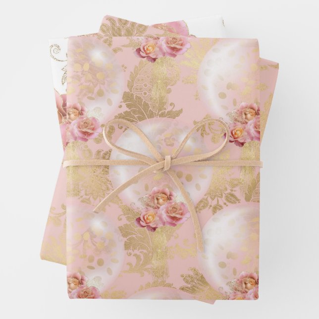 Pink and Gold Balloons Pattern Baby Girl Wrapping Paper Sheet (In situ)