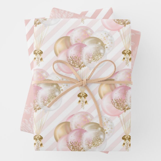 Pink and Gold Balloons Pattern Baby Girl Wrapping Paper Sheet (In situ)