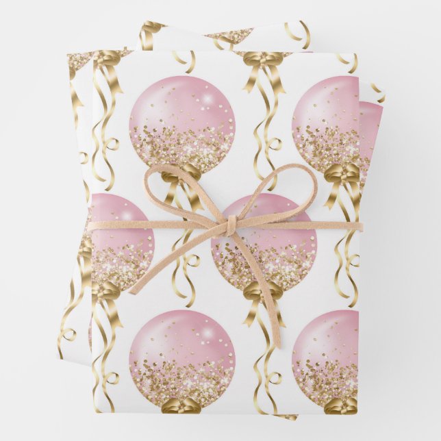 Pink and Gold Balloons Pattern Baby Girl Wrapping Paper Sheet (In situ)