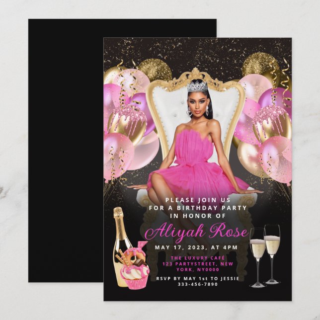 Pink and Gold Balloons Royal Birthday Invitation (Front/Back)