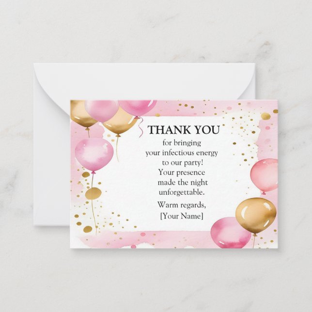 Pink and Gold Balloons Thank You Card (Front)