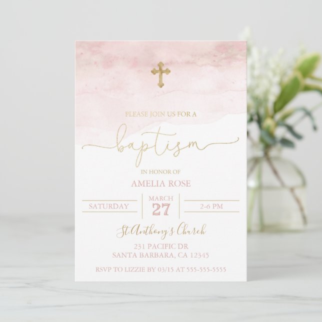 Pink and Gold Baptism Invitation Baby Girl (Standing Front)