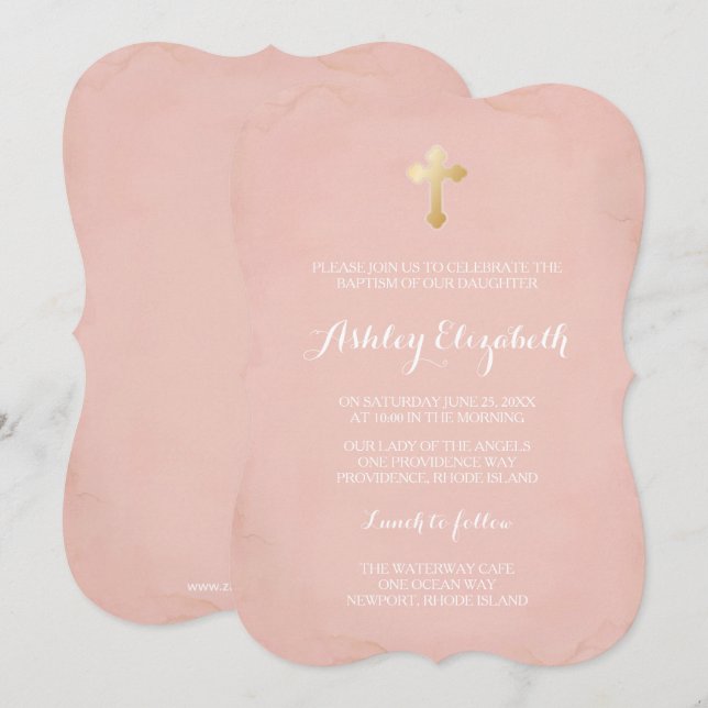Pink and Gold Baptism Invitation ~ Faux Gold (Front/Back)