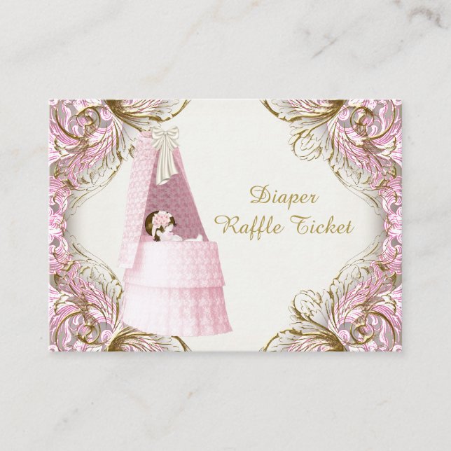 Pink and Gold Bassinet Girl Diaper Raffle Ticket Enclosure Card (Front)