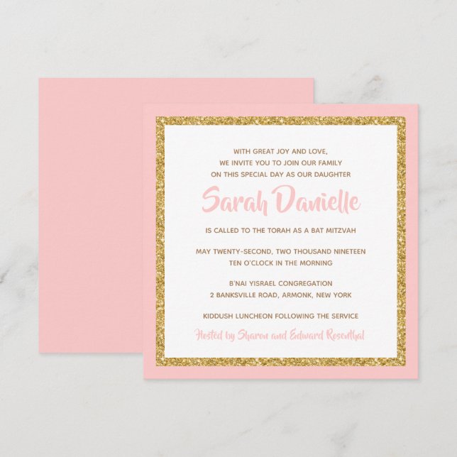 Pink and Gold Bat Mitzvah Invitation (Front/Back)
