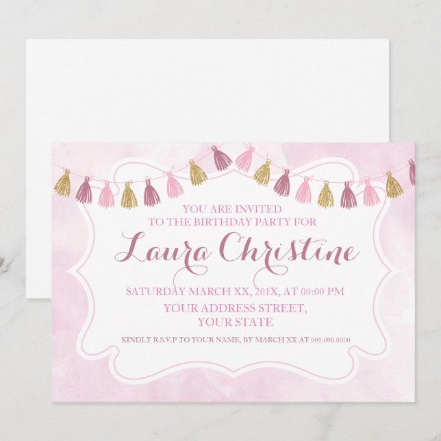 Pink and Gold Birthday Invitation (Front/Back)
