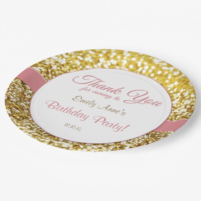 Pink and gold birthday party plates (Angled)