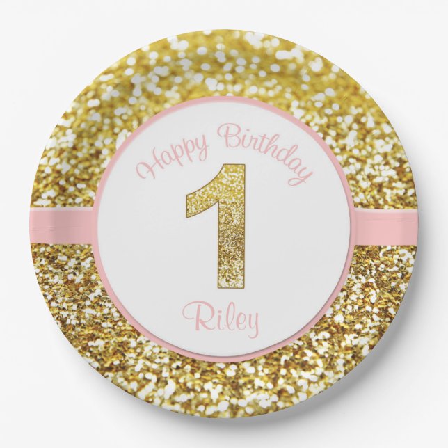 Pink and gold birthday plates for first birthdays (Front)