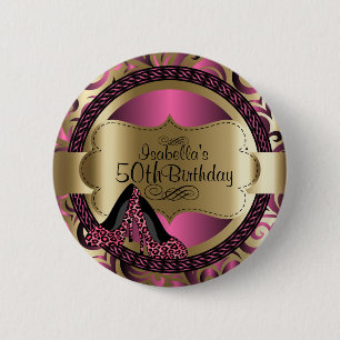 Pink and Gold Birthday with Leopard High Heels 6 Cm Round Badge