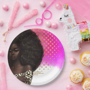 Pink and Gold Black Woman Paper Plate
