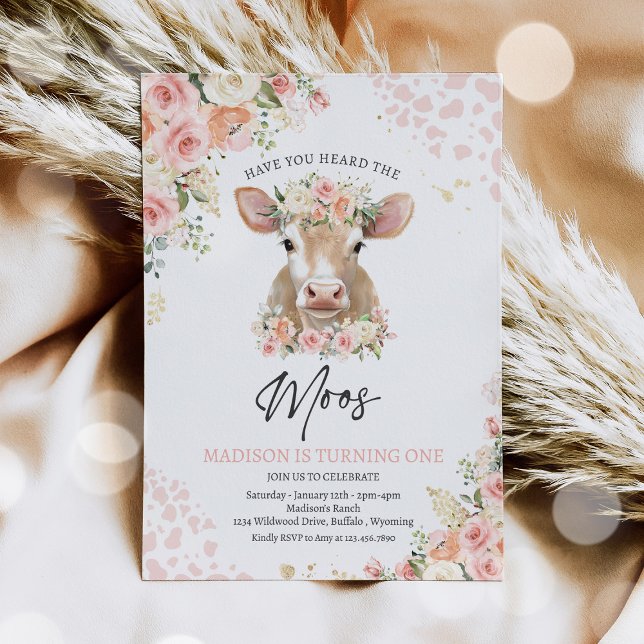 Pink And Gold Boho Florals Cow Birthday Party  Invitation (Creator Uploaded)