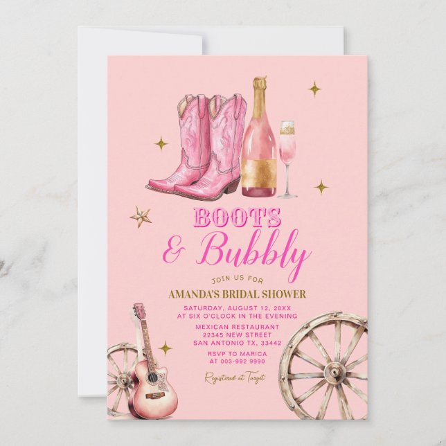 Pink and Gold Boots and Bubbly Bridal Shower  Invitation (Front)