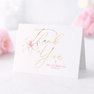 Pink and Gold Bow Baptism Thank You Card