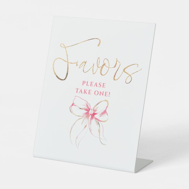 Pink and Gold Bow Bridal Shower Favors Pedestal Sign (Front)