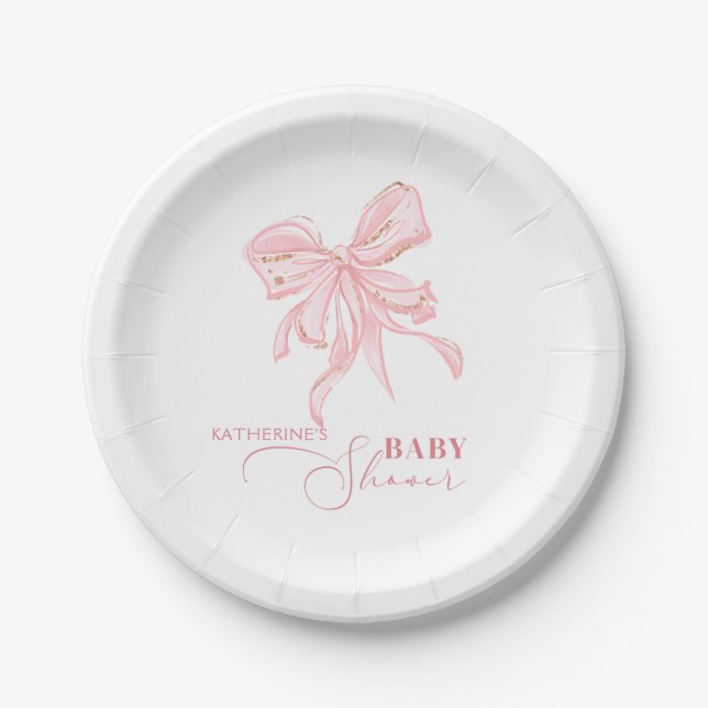 Pink and Gold Bow Chic Girl Baby Shower Paper Plate (Front)