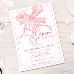 Pink and Gold Bow Romantic Chic Baby Shower Girl Invitation